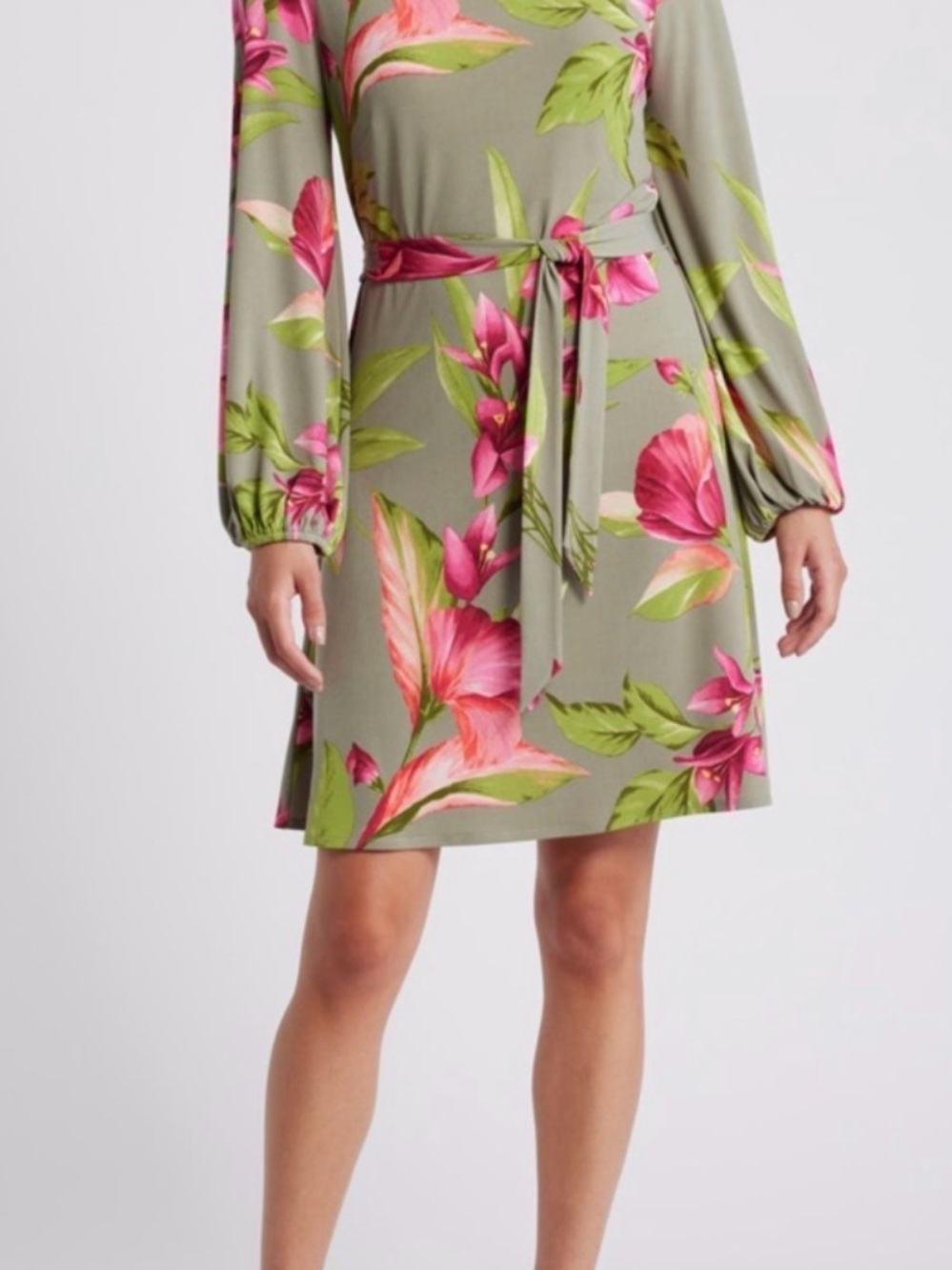 Tommy Bahama Lavish Blooms Floral Tie-Waist Long Sleeve Dress - Pink/Green